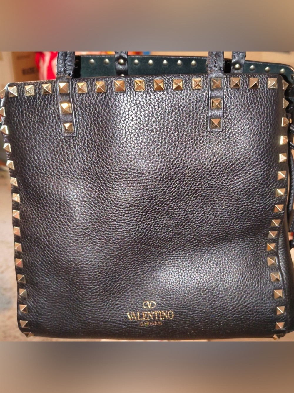 Valentino Garavani Black Leather Rockstud Tote w/platinum-finish Pyramid Studs